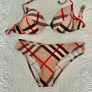 Women's Checkered Bikini Set - Red and Tan